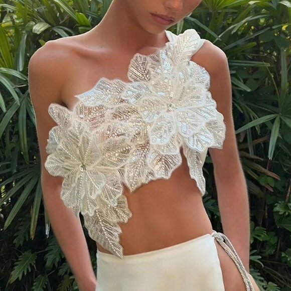 White Elegant Women's Asymmetrical 3d Flower Sparkly Crop Top - Picture 7 of 7